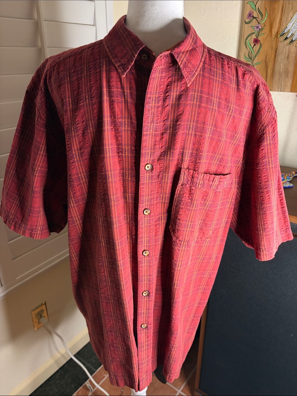 ❤️🚶♂️Men's REI Red Plaid 100% Cotton Short Sleeve W/ 1 Front Pocket Sz L